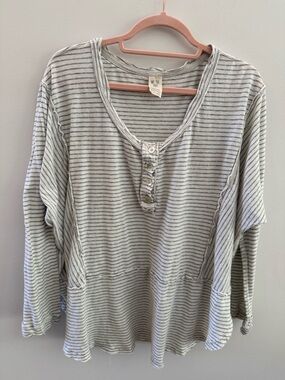 We The Free (Free People) Striped Henley Top in Light Gray & White